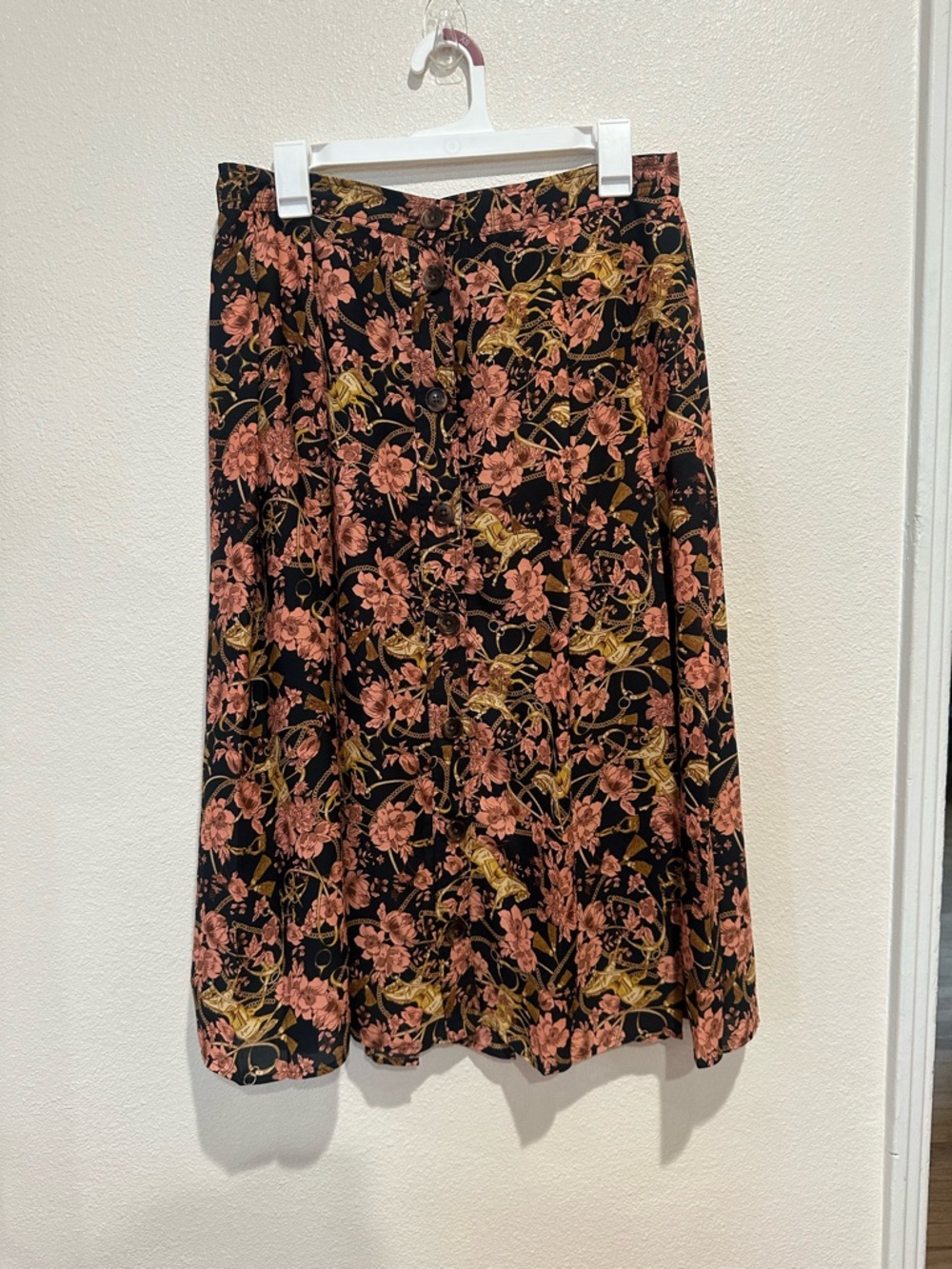 Modcloth Black Midi Skirt with Pink and Gold Floral Print